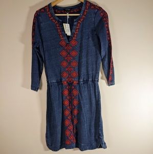 Lucky Brand NWT Embroidered Indigo Cotton Boho Dress Blue Red Size S